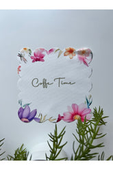 Coffe Time Çiçek Desenli Dijital Baskılı, Kenarı Lazer Kesim Dekoratif Kokteyl Peçeteleri